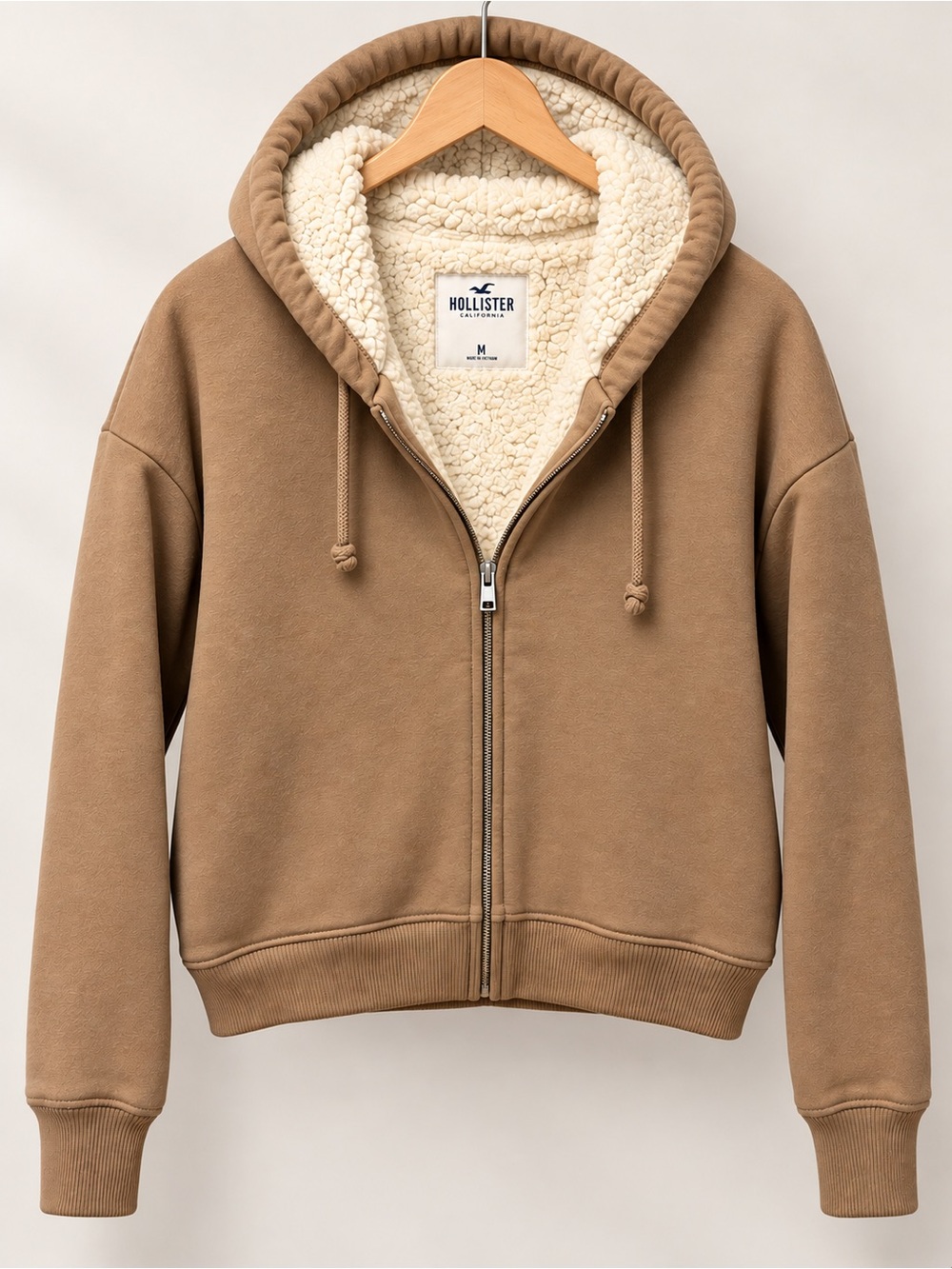 Hollister Sherpa-Lined Zip Hoodie Jacket in Brown with Cream Sherpa (404)